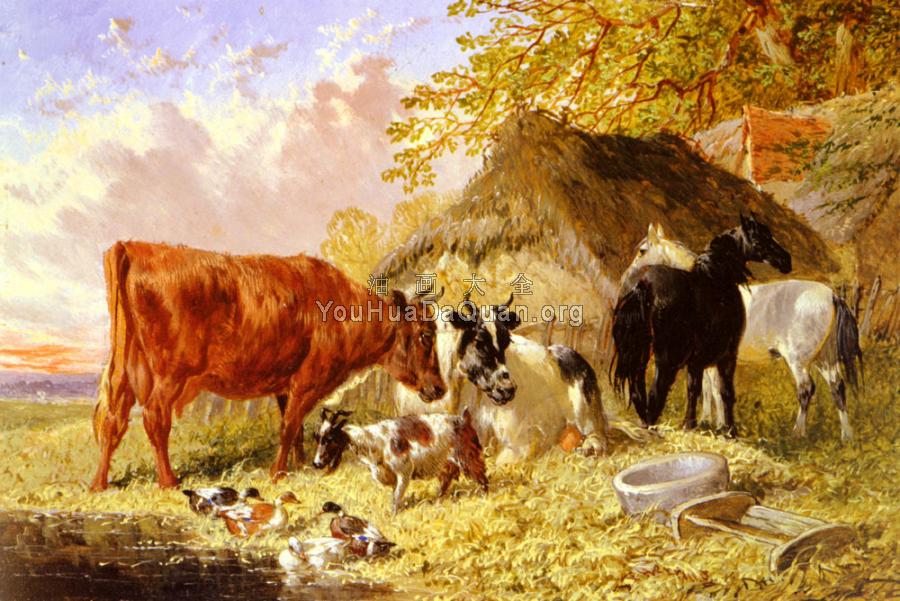 Horses, Cows, Ducks and a Goat by a Farmhouse - 约翰·弗雷德里克·赫尔林